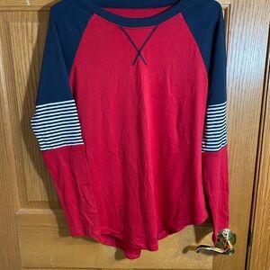 Kids Red and Navy Striped Sleeve Long Sleeve Tee